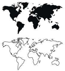 World map outline and black silhouette vector