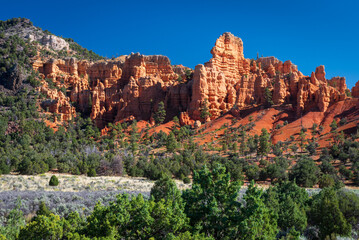 Vistas of Red Canyon in Dixie National Forest, Utah on a blue sky sunny day.