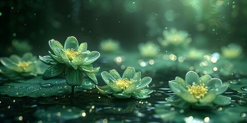 Obraz na płótnie Canvas A filled lotus flower in pond after rain in lake .pure lotus flower with green leaves on still water in sunshine with sparkles and shimmering light. lotus Beautiful blooming under dark forest backgr