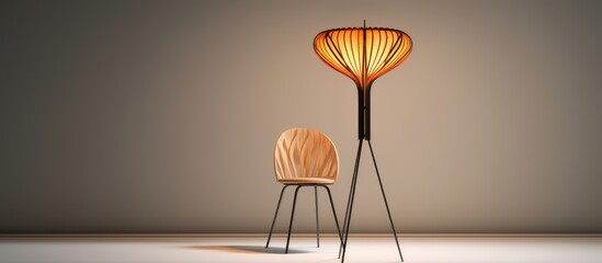 A wooden floor lamp stands next to a wooden chair, creating a simple yet stylish decor setup in a room. The lamp emits a warm glow, enhancing the cozy atmosphere of the space.