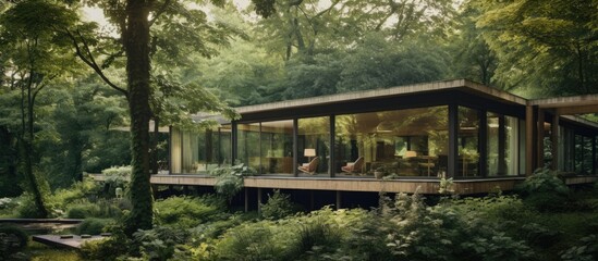 Obraz premium A wooden house sits amidst a dense forest, surrounded by towering trees and lush greenery. The scene depicts a tranquil setting with the house blending seamlessly into nature.