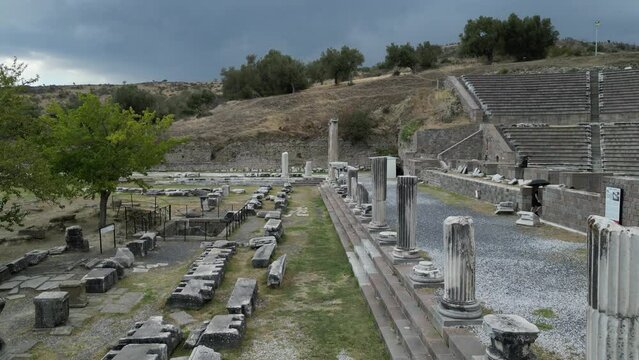 Asklepion Archaeological Site drone view in Bergama Town of Turkey