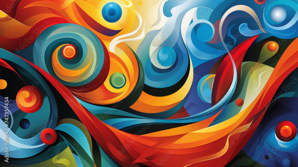 Poster a dynamic and lively composition of abstract shapes and swirls representing the energetic and lively