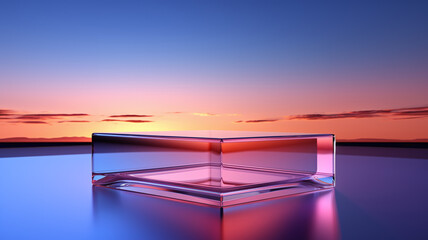 Glass podium, product display platform mockup with sky background. Cosmetic product display or transparent crystal glass, podium pedestal mock up with sunset panorama