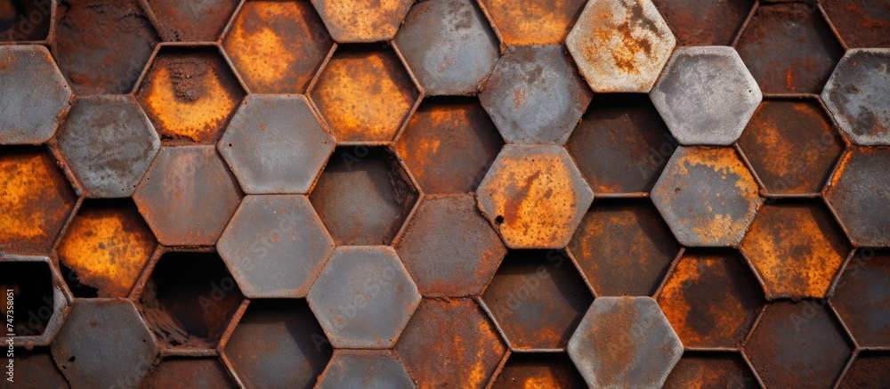 Poster a close-up view of a bunch of metal hexagonals covered with rust, creating an intricate lattice patt