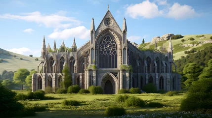 Fotobehang Majestic Abbey Amidst Rolling Green Hills under a Clear Blue Sky: A Testament to the Glory of a Bygone Era © Minnie
