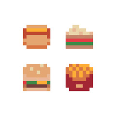 Fast food pixel art icons set, hot dog, pizza, burger and french fries. Design for stickers, logo, web and mobile app. Isolated vector illustration. 8-bit sprite game assets.