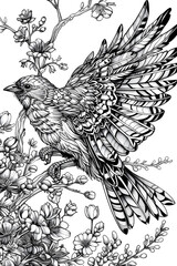 Bird Perched on Tree Branch, coloring page
