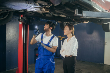 Asian repairman or car mechanic showing and explaining vehicle broken part and maintenance report...