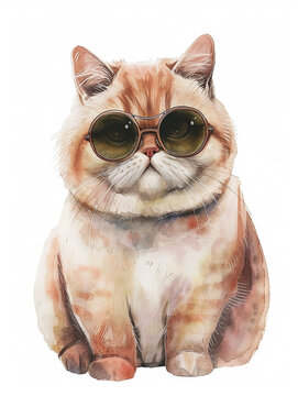 a easy drawing style watercolor of cute fat cat , clear outline , simplistic , minimalist , wearing sunglasses