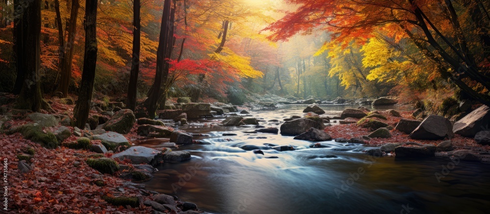 Wall mural a stream flows steadily through a dense forest filled with tall trees, their colorful foliage creati