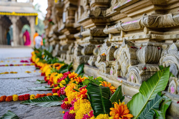 Vibrant decorations at a Hindu temple during Ugadi