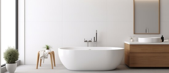 Fototapeta na wymiar A modern bathroom featuring a large white bathtub placed next to a sleek sink. The room is styled with ceramic tiles and minimalist decor, creating a clean and contemporary space.