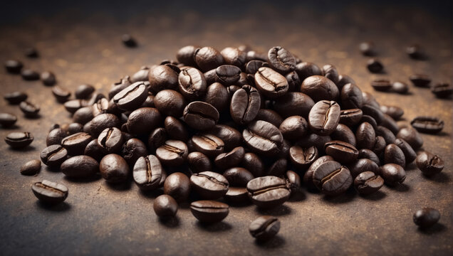 An image of a pile of freshly roasted aromatic coffee beans sprinkled against a dark background highlighting their rich color and texture