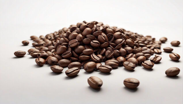 An image of a pile of fresh coffee beans neatly arranged on a light background, ideal for coffee advertising, cafe menu or packaging design