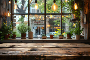 Fototapeta premium empty wood table top and blur glass window interior restaurant banner mock up abstract background 