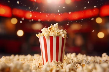  Close up image of a red and white striped popcorn cup with lots of popcorn in a movie theater generative AI © deagreez