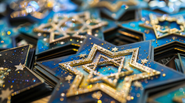 A display of handmade Hanukkah cards intricately designed with the Star of David and other traditional symbols ready to be sent to friends and family to spread holiday cheer.