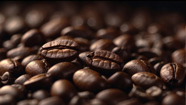 Close-up image of dark, shiny coffee beans, high quality, suitable for coffee advertising, packaging or cafe menu