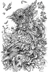 Bird Surrounded by Flowers, coloring page