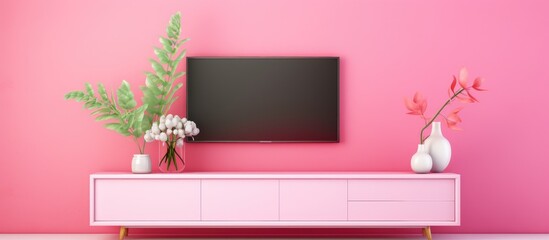 A pink living room featuring a flat screen TV mounted on a TV cabinet against a vibrant pink wall. The room is well-lit, with modern and stylish decor. - obrazy, fototapety, plakaty