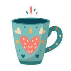 Mug with abstract floral design. Ceramic tableware. Cute dishes of different shapes and patterns. Vintage English teacup, coffee cup and kitchen mug, tea cup. Hand drawn color vector illustration. - obrazy, fototapety, plakaty