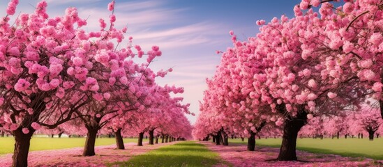 A vast field covered in a sea of pink flowers, creating a vibrant and colorful landscape. The blossoms add a delicate touch to the scene, enhancing the beauty of the natural surroundings.