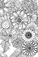 A Black and White Drawing of a Bouquet of Flowers, coloring page