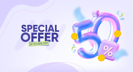 Special offer banner, 50% discount promotion. With confetti and coins. Discounts on gift certificates. For festive events. Birthday, March 8th, summer discounts. 3D creative vector template.