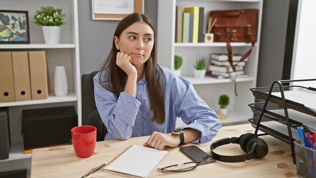 Thoughtful young hispanic woman in the office, hand on chin, thinking hard on a confusing idea, face serious with doubt yet displaying an expression of concentration and determination.