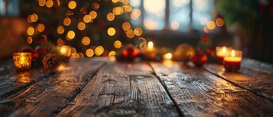 Decadent string lights on a rustic wooden table in the dark with an abstract tree on a blurred background - obrazy, fototapety, plakaty