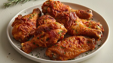 Appetizing chicken legs, fried to a golden crust, skillfully seasoned and ready to serve.