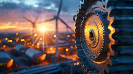 A dramatic sunset seen through the silhouette of large industrial gears, with wind turbines in the background. - obrazy, fototapety, plakaty