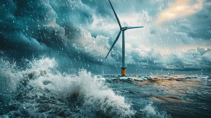 Dramatic image of an offshore wind turbine facing the fury of a storm at sea, with splashing waves and rain.