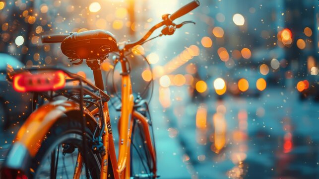 Close-up of an orange city bicycle with a focus on the saddle, set against a backdrop of shimmering bokeh lights on a rainy evening.