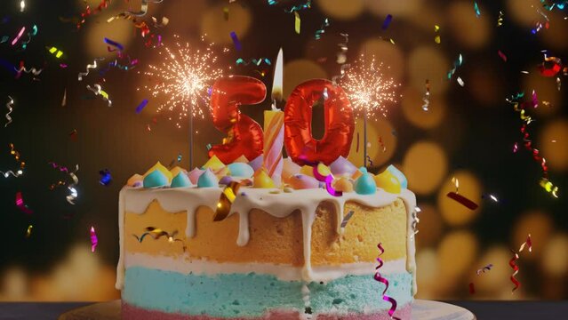 50th anniversary celebration, birthday cake with animated burning candles and fireworks. Colorful metallic confetti falling on bokeh background. 50th birthday cake