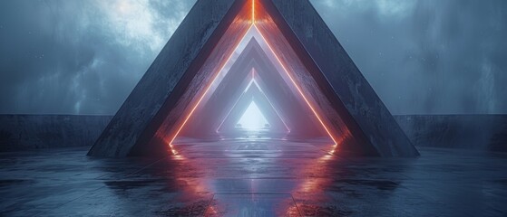 An abstract sci-fi tunnel rendering in 3D, with futuristic triangle spaceships. - obrazy, fototapety, plakaty