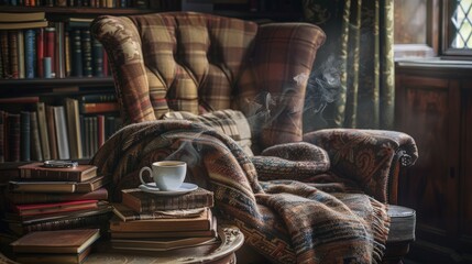 An inviting scene with a warm, steaming cup of coffee amidst a pile of books in a home library