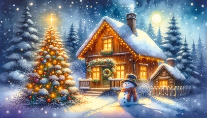 Obraz premium Watercolor of Illuminated Wooden House with a Snowman and Christmas Tree on a Snowy Landscape