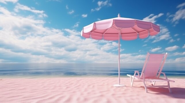d pink parasol and chair on the beach