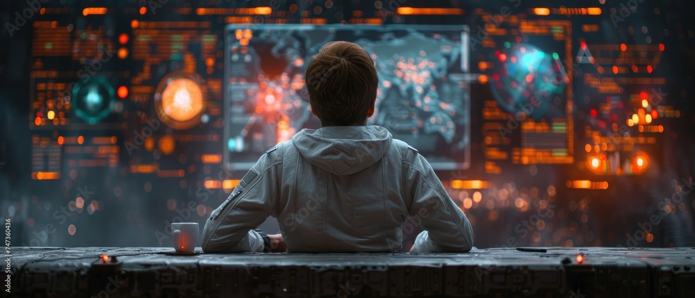 Poster Using laptop, a data scientist analyzes and develops a wide range of information onto a futuristic screen. Algorithm. marketing, and deep learning of artificial intelligence are being addressed.
