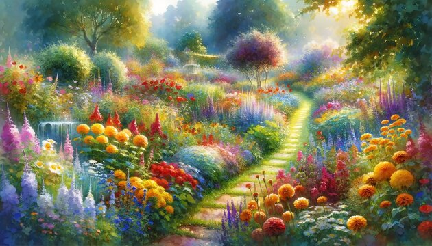 Watercolor of Summer Nature Flowers Garden Landscape