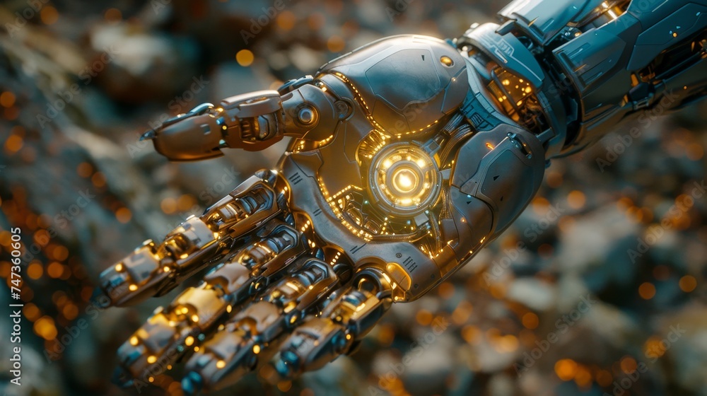 Aufkleber Man uses technology to create something using a smart robot - Artificial Intelligence. Smart robot AI, artificial intelligence generates something using a command prompt.