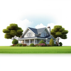 House building with trees and lawn  illustration isolated on white background. Home architectural project. 