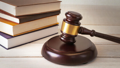 Wooden gavel and books on wooden table, law concept