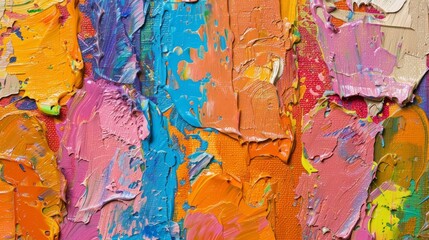 Macro perspective of a colorful abstract canvas showing the interplay of oil brushstrokes and palette knife textures in a vivid composition.