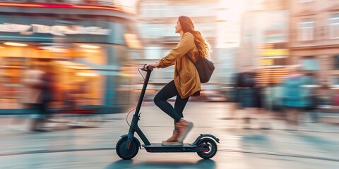 Female rides a electric scooter, motion blurred background, concept of Urban mobility