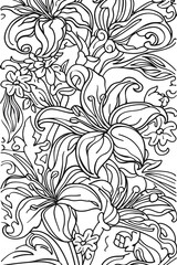 Monochrome Drawing of Flowers, coloring page