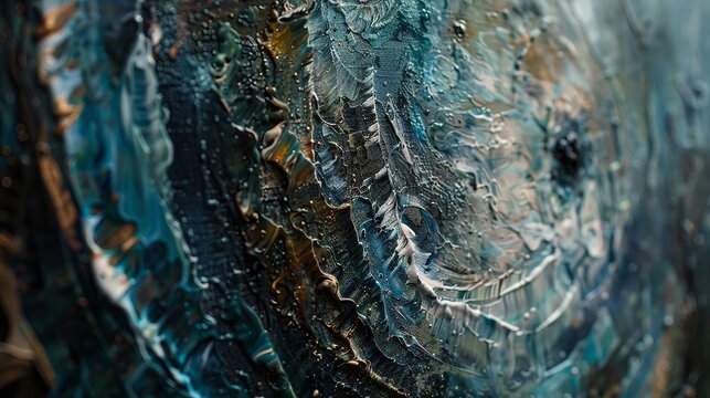 Macro photograph showcasing the intricate texture and color variation in an abstract oil painting, emphasizing the detailed strokes and layers.