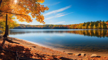 Autumn's Resplendent Beauty: Serene Lake Surrounded by Lush Forest Painted in Fall Colors